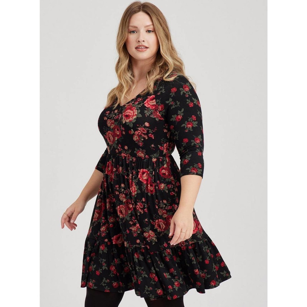 Torrid Floral Mini Super Soft Skater Dress Black Red Plus Size 4 4X H14738 - Picture 1 of 13
